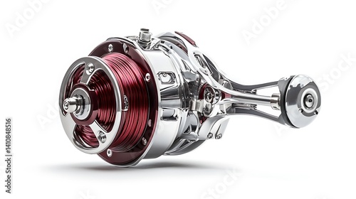 Obraz na płótnie A high-detail, chrome and red metallic fishing reel, isolated on a white background, emphasizing its intricate design and precision. w salonie