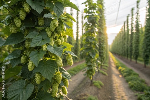 Close-up shot of a field of hops planted in rows