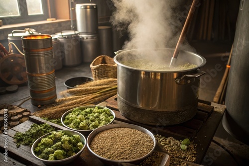 Brewing beer in a pot in front of a table with hops and yeast in the background