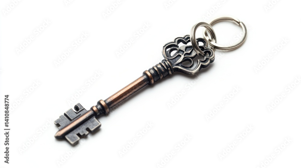 A keychain featuring a key and a house charm, isolated on a white background, symbolizing homeownership and security