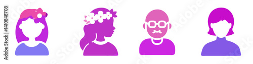 Vibrant girl with flower on head,  girl in floral wreath, elderly bald man with glasses and woman with short hair cut silhouette avatar set with diagonal gradient in five colors