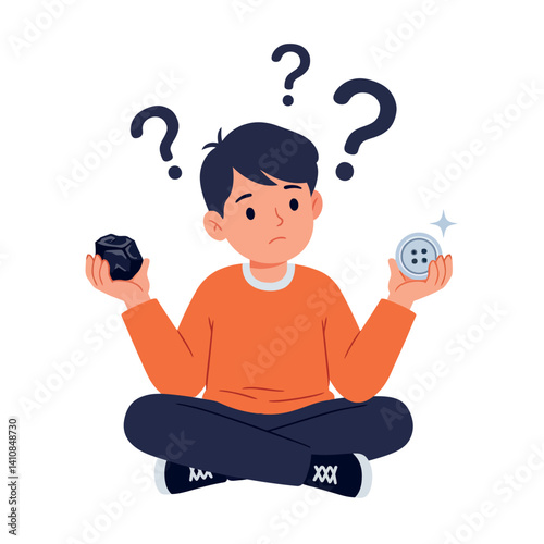 Confused young boy in orange sweater sitting cross-legged holding two different objects in flat minimal vector art style with puzzled expression and question marks above