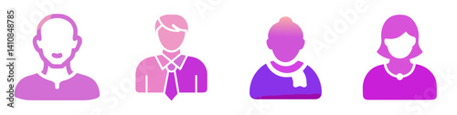 Silhouette of bald man, woman with necklace, mature woman with winter skarf and office male manager in bow tie avatar set on vibrant diagonal gradient background for profile design