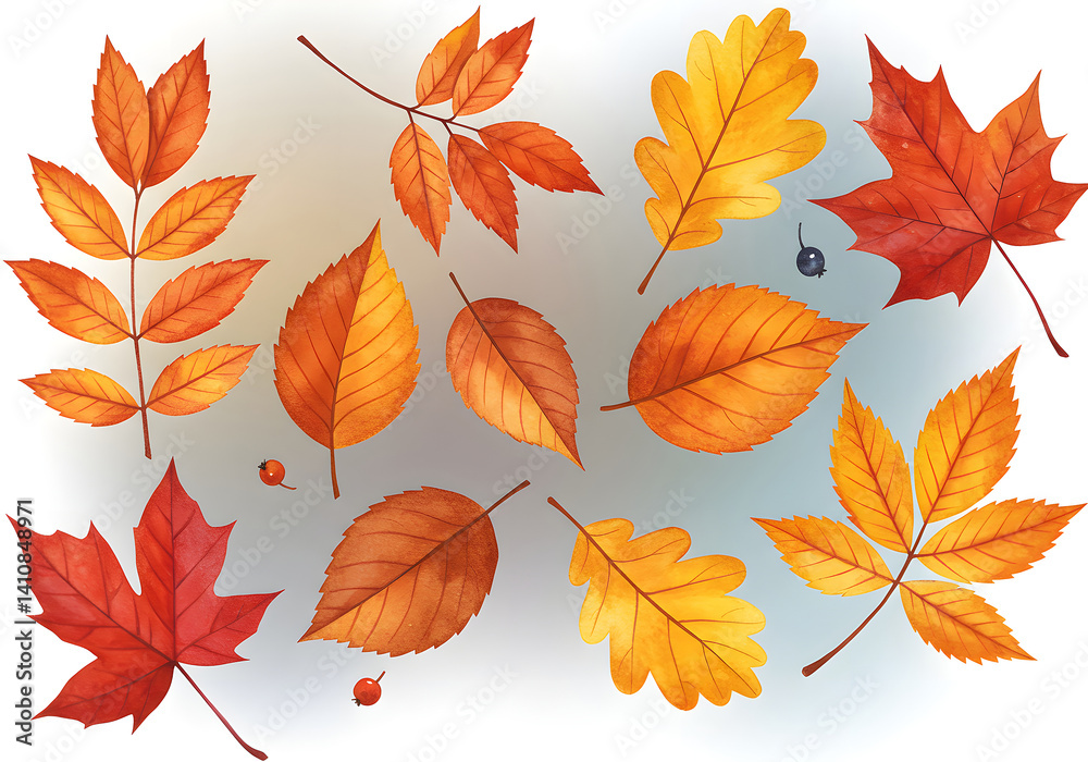 Obraz premium Watercolor Autumn Leaves Collection Oak, Maple, Rowan, Beech Leafy Elements Illustration.