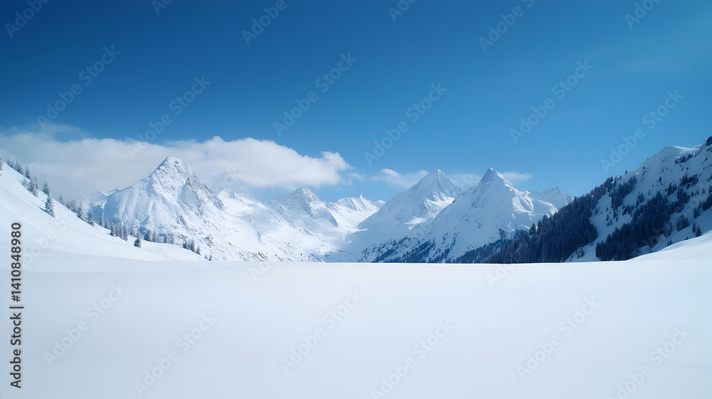 Fototapeta premium Snowy Mountain Range Under Clear Blue Sky