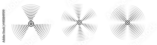 A set of black sound wave rings, of interrupted lines and dots . Rings with radial lines. Target icon, epicenter.  Concentric vortex circles. Vector illustration