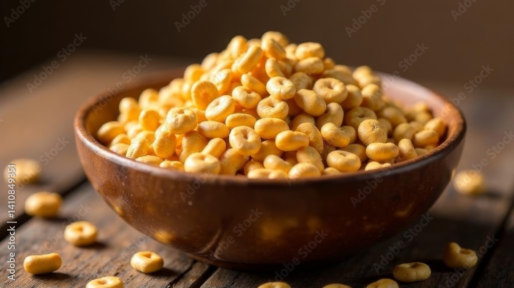 Bowl of crunchy yellow cereal rings on rustic wooden table in warm natural lighting. Bowl of crunchy yellow cereal rings on rustic wooden table in warm natural lighting.