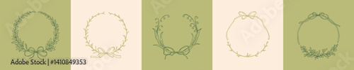 Set of hand drawn floral frames for eco products, wine labels, wedding invitations. Green laurel wreaths. Vintage sketch vector illustration. Victorian style aesthetic filigree feminine background