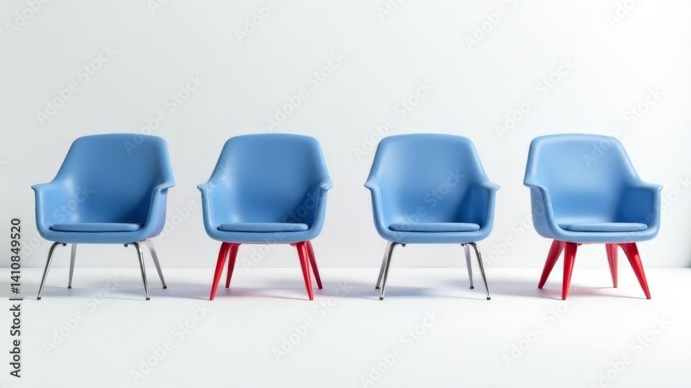 Obraz premium Four modern blue chairs with alternating red and chrome legs on white background.