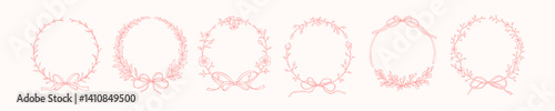 Filigree coquettish hand drawn spring floral frames with cute ribbon bows. Doodle botany borders set. Victorian style design elements. Roses, laurel, olive, peony pink wreath. Whimsical girly drawing