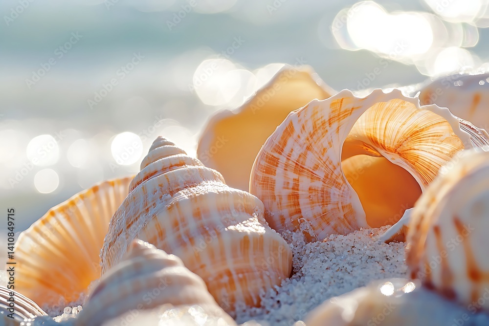 A macro close-up of seashells on the beach, their intricate details highlighted against the bright, sunny day.