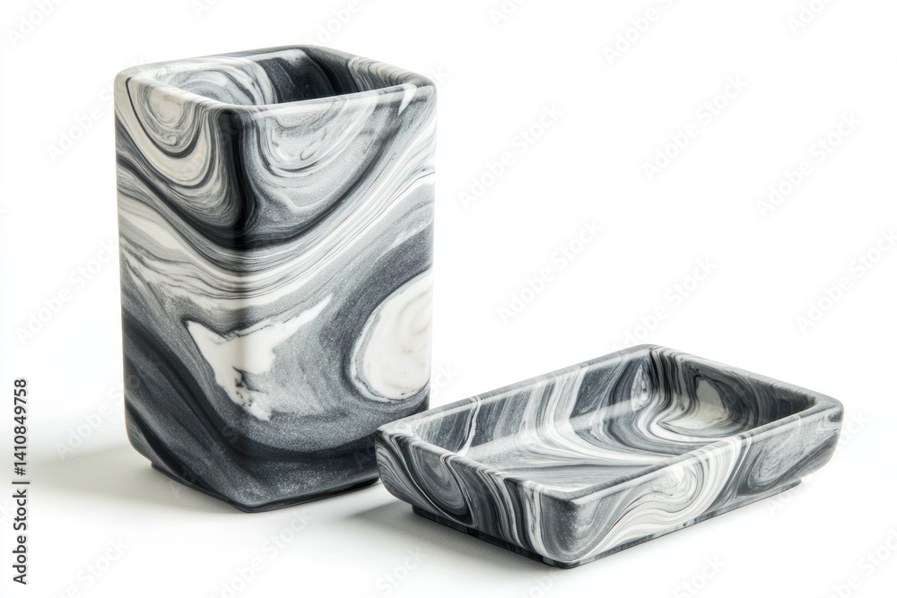 A marble set square vase with a gray and white swirl pattern, accompanied by a matching tray, isolated against a white background