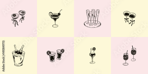 Summer bar doodle hand drawn elements. Alcohol cold drinks, champagne bottle and tray with sparkling wine glasses, martini, aperol sprits. Coquette style sketch handwriting vector illustration