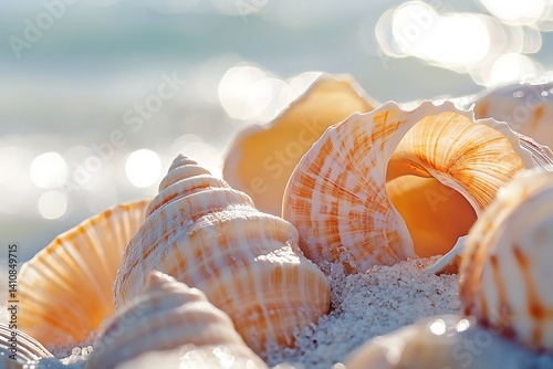 Obraz na płótnie A macro close-up of seashells on the beach, their intricate details highlighted against the bright, sunny day. w salonie