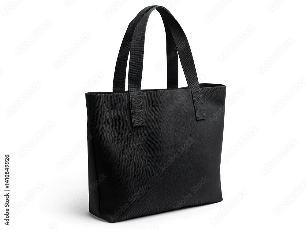 A minimalist black canvas tote bag, with simple design elements, isolated on a white background for a chic fashion look
