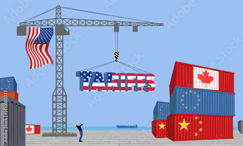 An American flag, and the word tariffs ares on a tower crane in a USA shipping port as it unloads a cargo container from China. Containers from the Europe and Canada  are  in this vector  illustration