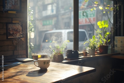 Fototapeta Naklejka Na Ścianę i Meble -  Warm sunlit table in small Asian café, hot drink steaming in ceramic cup, urban street outside, potted plants on windowsill, nostalgic morning vibe.