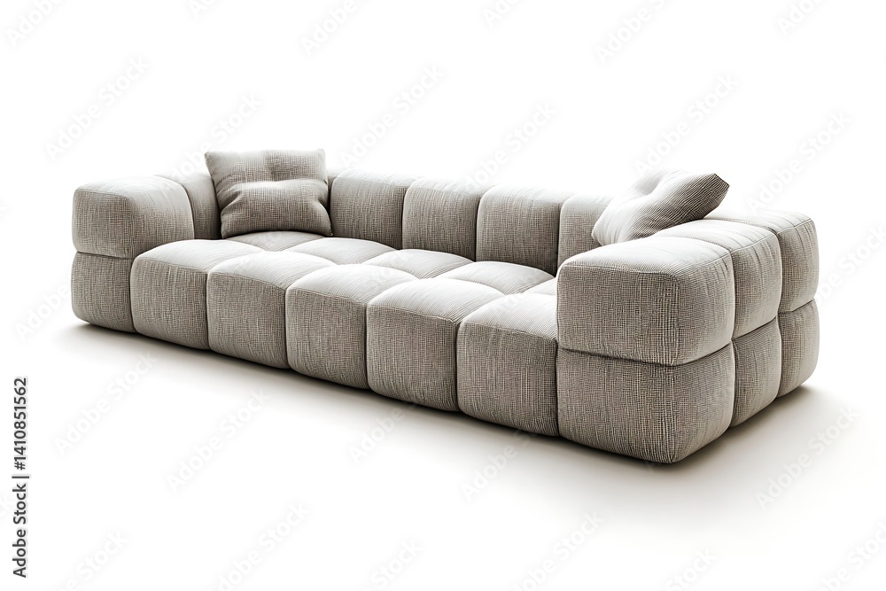 A modern textile sofa in minimalist design, placed on an isolated white background, creating an ideal setting for contemporary interiors