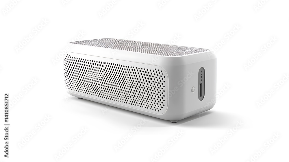 A modern white portable speaker, featuring a perforated design, isolated on a white background for a clean, minimal look