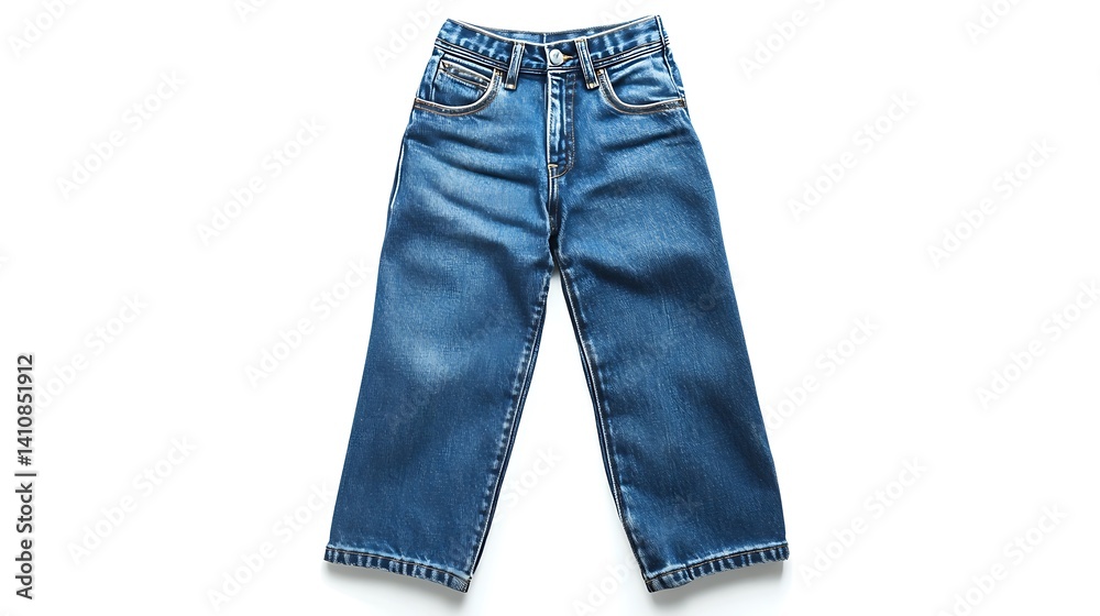 A pair of blue jeans, isolated on a white background, highlighting the denim texture and design in a clean, minimalist photograph.