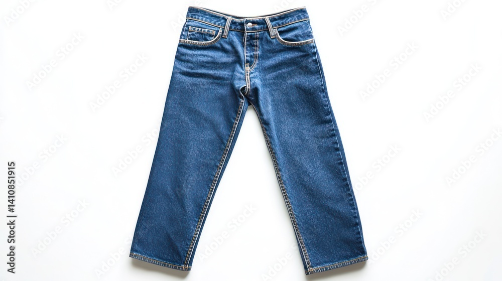 A pair of blue jeans, isolated on a white background, highlighting the denim texture and design in a clean, minimalist photograph.