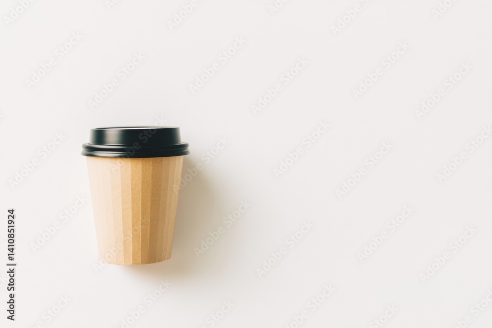A paper coffee cup with a black lid, isolated against a simple white backdrop, featuring a clean and professional design.