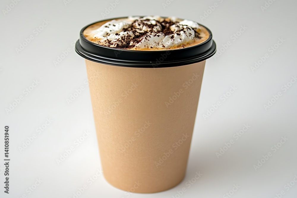 A paper coffee cup with a black lid, isolated against a simple white backdrop, featuring a clean and professional design.