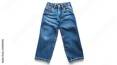 Obraz na płótnie A pair of blue jeans, isolated on a white background, highlighting the denim texture and design in a clean, minimalist photograph. w salonie