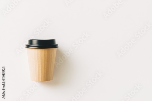 A paper coffee cup with a black lid, isolated against a simple white backdrop, featuring a clean and professional design.