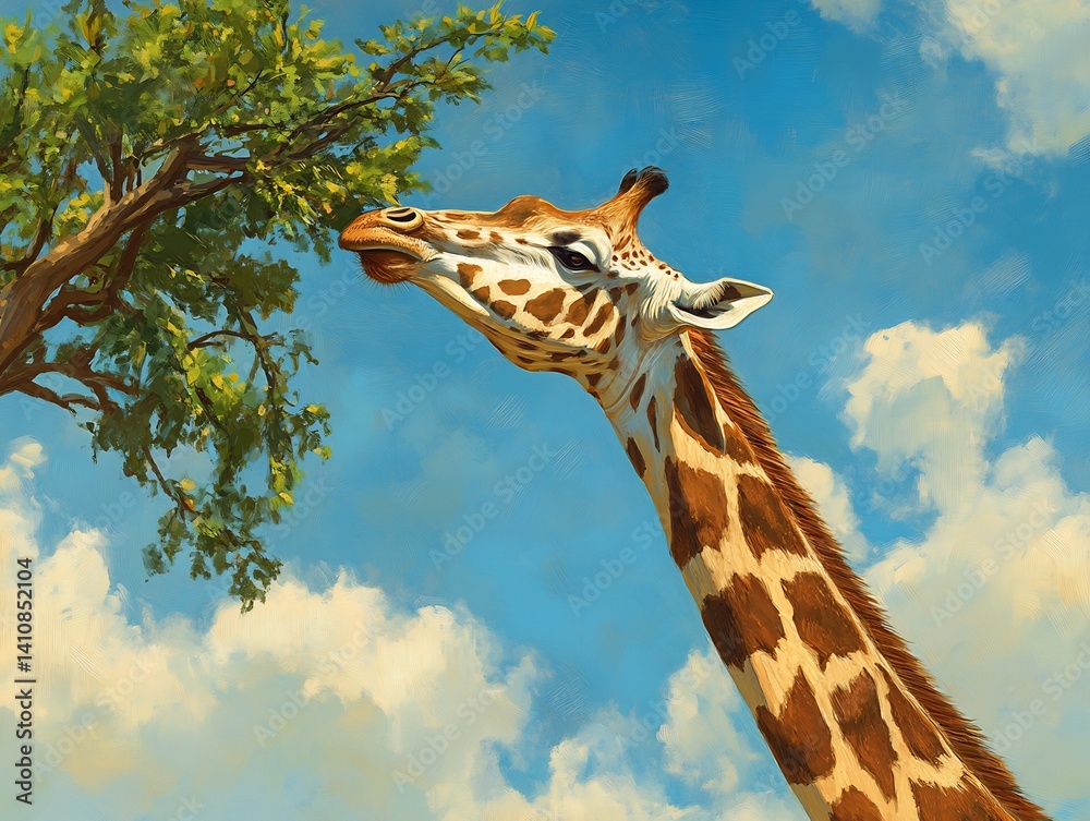 Fototapeta premium Giraffe reaching up nibble highest tree branches in an open savanna the sky vivid and blue behind it with wispy clouds emphasizing the grandeur of the animal and its connection to the vast landscape