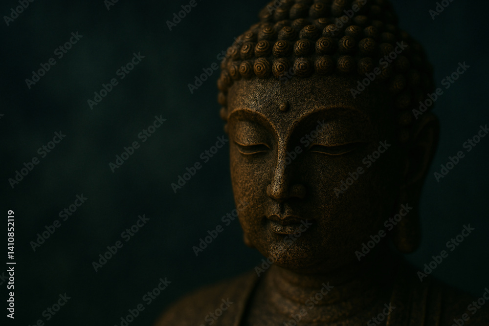 custom made wallpaper toronto digitalPeaceful meditating Buddha statue close-up face portrait on dark background with copy-space for text, introspective zen meditation, moody atmospheric soft lighting, textured gold metal, generative AI