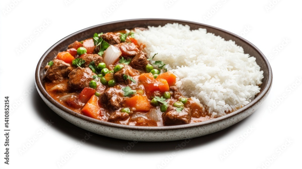 A plate of delicious beef curry, isolated on a white background, highlighting its vibrant color and savory appeal