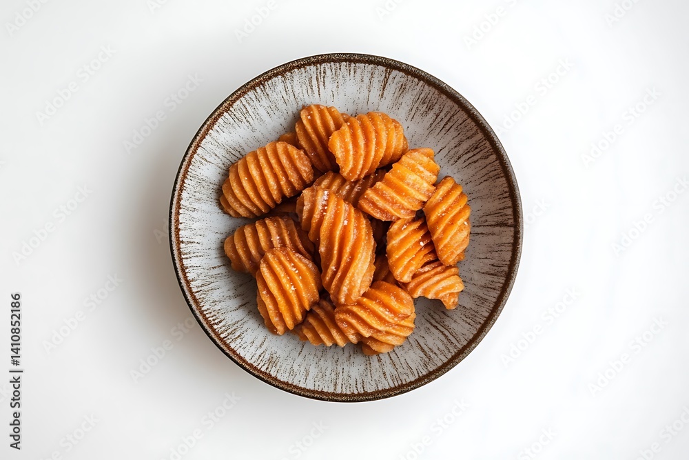 A plate of crispy wavy fries, isolated on a white background, viewed from above for a perfect snack shot