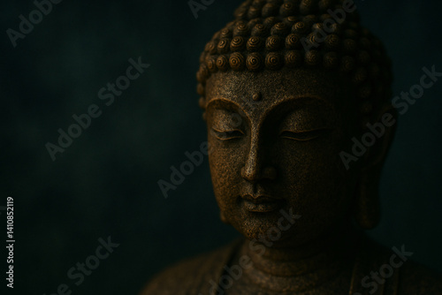 Wallpaper Mural Peaceful meditating Buddha statue close-up face portrait on dark background with copy-space for text, introspective zen meditation, moody atmospheric soft lighting, textured gold metal, generative AI Torontodigital.ca