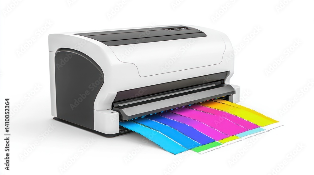 A printer emitting colorful stamps, isolated on a white background to highlight its print technology