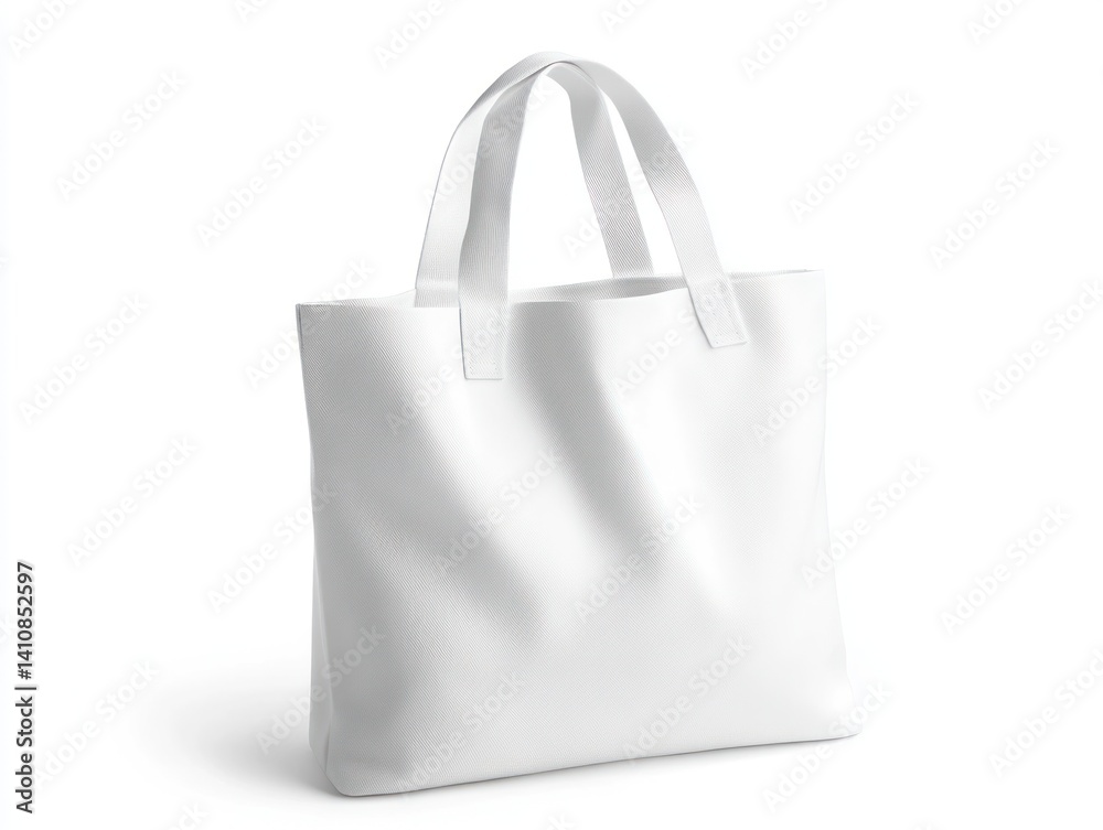 A pristine white tote bag, isolated on a bright white background, showcasing its simple design and spacious interior