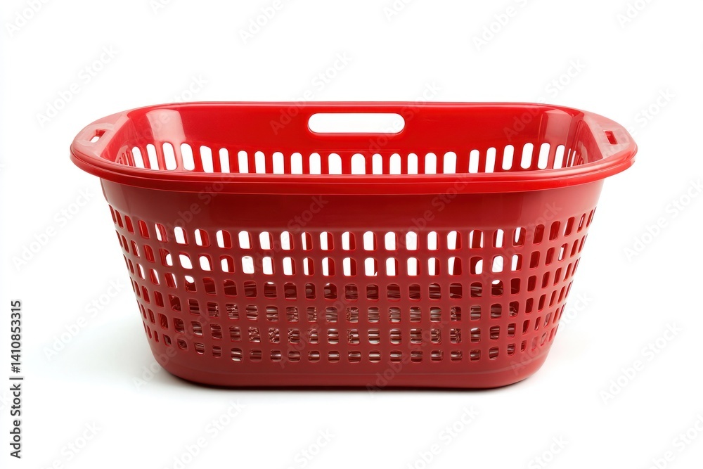 A red plastic shopping basket, isolated on a white background, symbolizing grocery shopping or retail use
