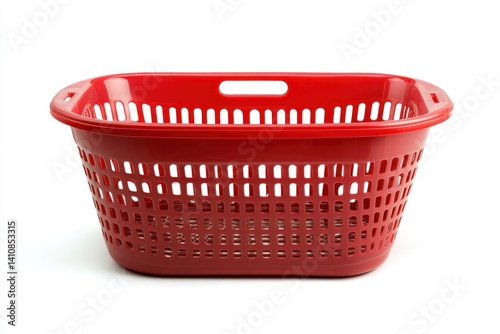 Obraz na płótnie A red plastic shopping basket, isolated on a white background, symbolizing grocery shopping or retail use w salonie