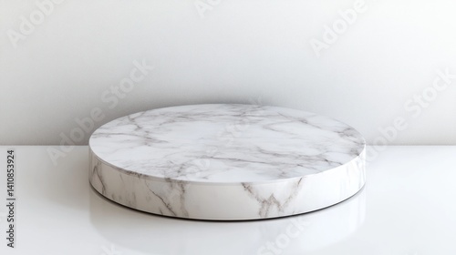 A round marble pedestal, serving as a podium for product display, isolated on a white floor, ideal for commercial advertising
