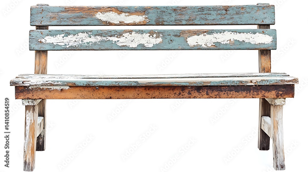 A rustic wooden bench with weathered paint, isolated on a white background for a cozy home decor shot.