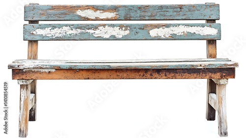 Obraz na płótnie A rustic wooden bench with weathered paint, isolated on a white background for a cozy home decor shot. w salonie
