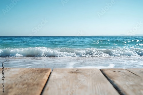 A serene ocean backdrop with soft waves and a simple wooden table in the foreground, ideal for minimalist beach product display.