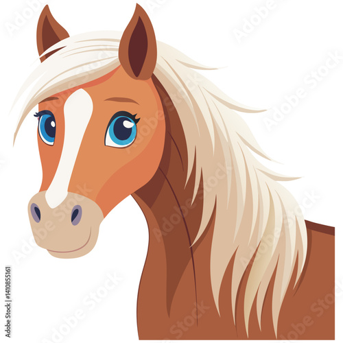 Cartoon horse with blue eyes and flowing white mane  
