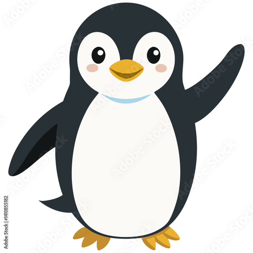 Cute penguin character with round body, big eyes, and waving flipper  
