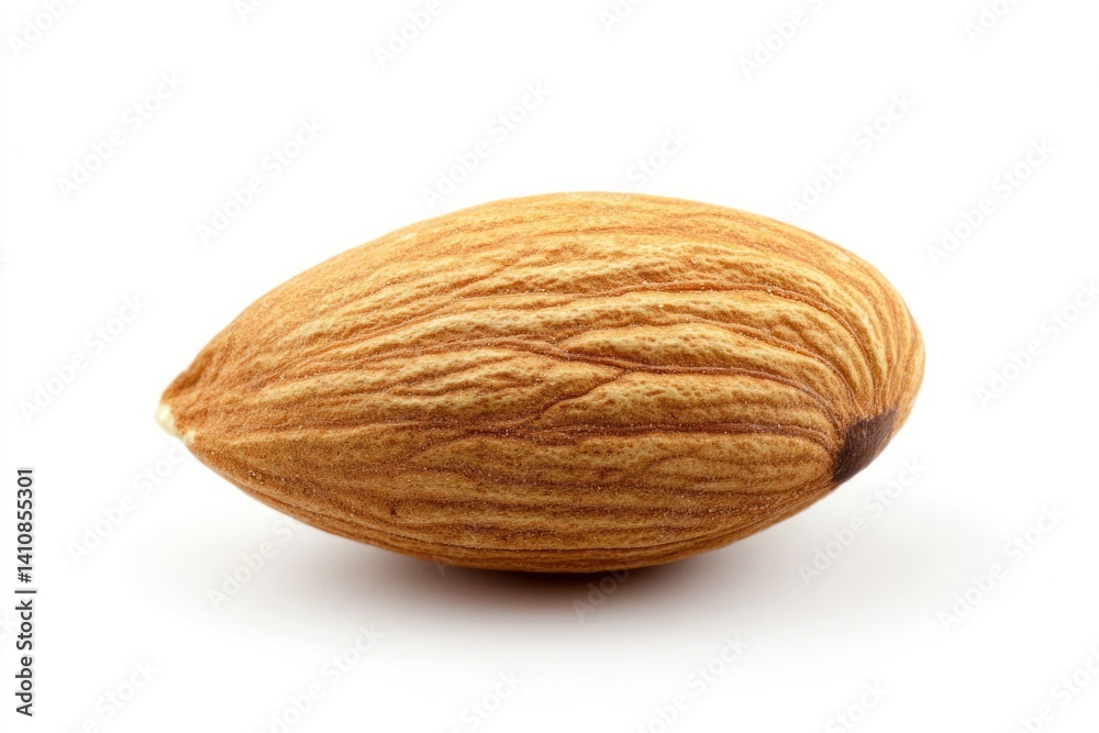 A single almond nut, captured in stunning close-up, isolated on a white background to highlight its texture and detail