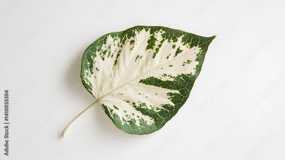 A single, beautifully variegated leaf with unique patterns, laying effortlessly on a minimalist white background, embracing nature beauty