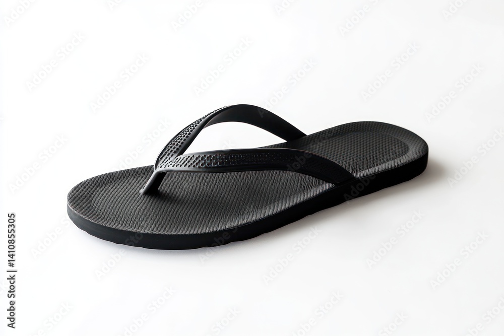 A single black flip-flop, isolated against a pristine white backdrop, emphasizing the simplicity and casual design.