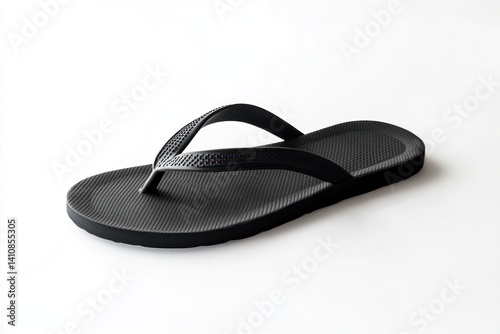 Obraz na płótnie A single black flip-flop, isolated against a pristine white backdrop, emphasizing the simplicity and casual design. w salonie