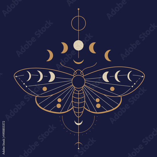 Decorative moth illustration with celestial elements in gold  Esoterics