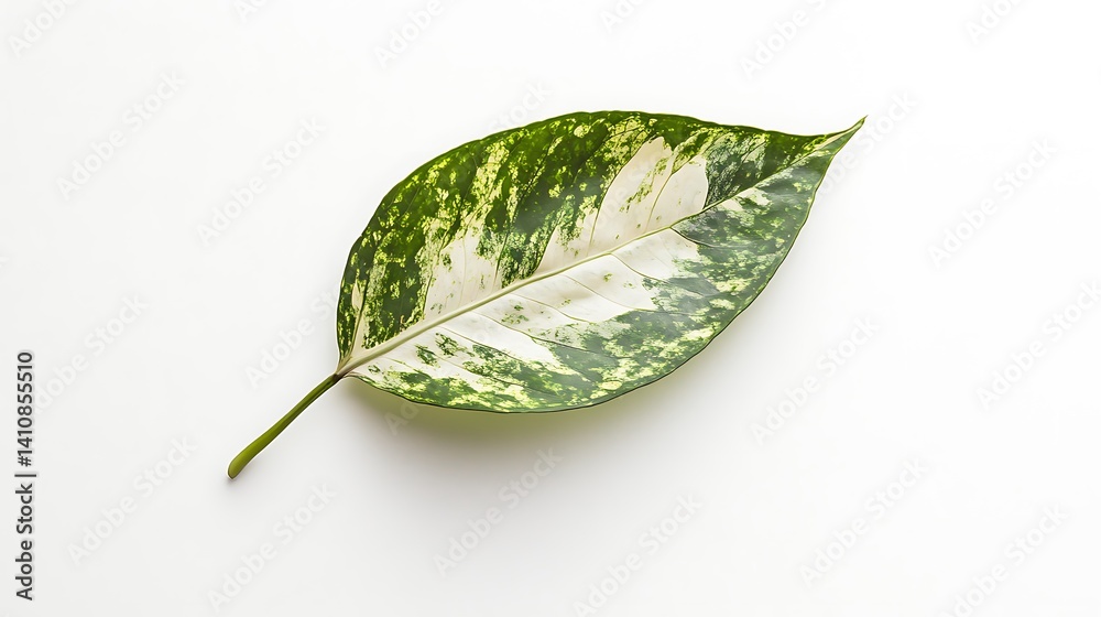 A single, beautifully variegated leaf with unique patterns, laying effortlessly on a minimalist white background, embracing nature beauty